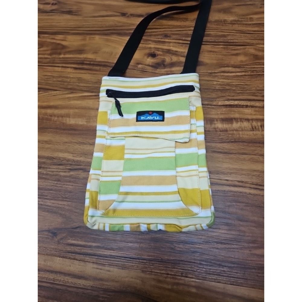 KAVU Keeper Crossbody Bag Yellow Green White Striped Canvas Travel Pouch